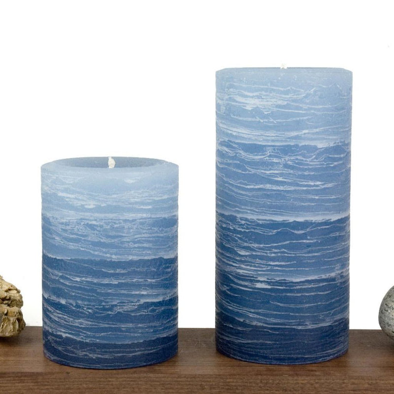 navy pillar candle rustic candle layered from light blue to navy blue available in sizes 3x4 3x6 or 4x6 hand poured artisan candles by Nordic Candle img1