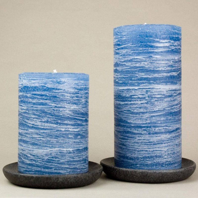 blue pillar candle rustic candle in denim blue available in sizes 3x4 3x6 3x9 4x6 4x9 hand poured artisan candles by Nordic Candle