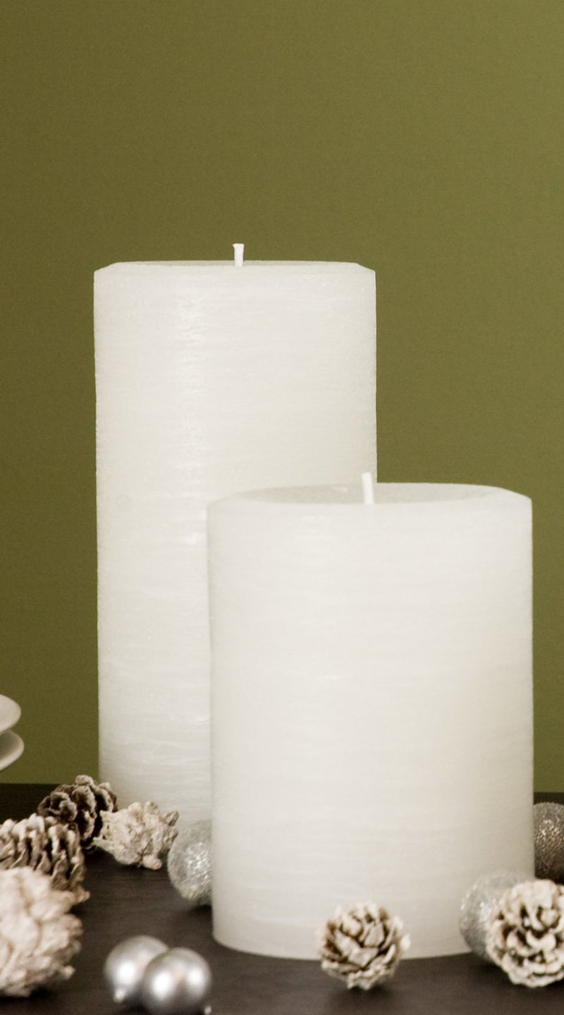 white pillar candle rustic candle available in sizes 3x4 3x6 3x9 4x6 4x9 hand poured artisan candles by Nordic Candle