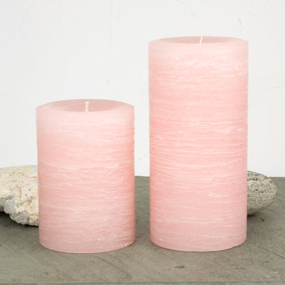 pink pillar candle rustic candle in pale dogwood pink available in sizes 3x4 3x6 3x9 4x6 4x9 hand poured artisan candles by Nordic Candle img2