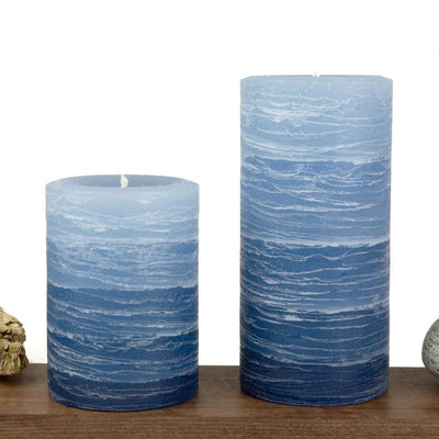 navy pillar candle rustic candle layered from light blue to navy blue available in sizes 3x4 or 3x6 hand poured artisan candles by Nordic Candle Img2