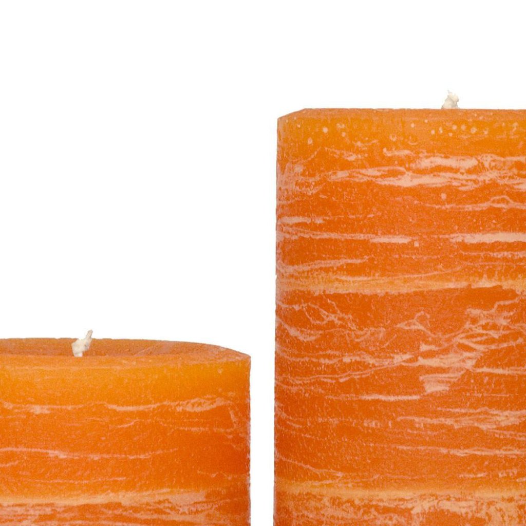 orange pillar candle part of rustic candle collection available in sizes 3x4 3x6 3x9 4x6 4x9 hand poured artisan candles by Nordic Candle